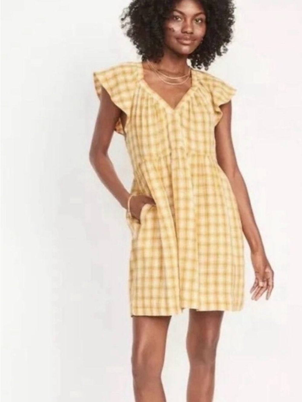 NWT Old Navy Yellow Plaid V-Neck Flutter Sleeve Dress 100% Cotton
